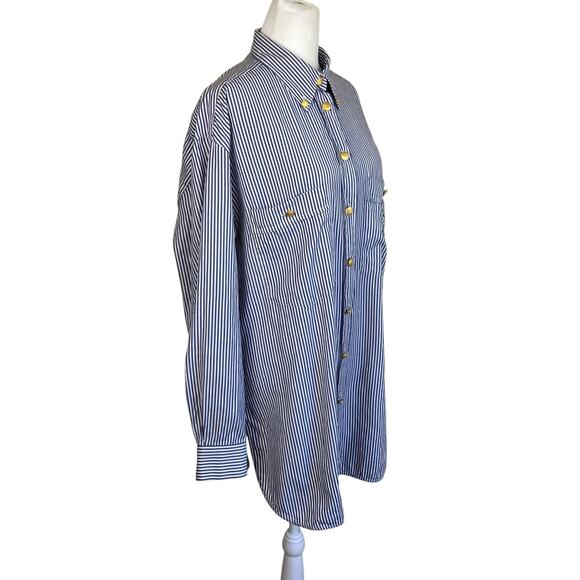 Escada Sport Vintage Blue & White Striped Long Sleeve Crested Button-up Shirt - Picture 4 of 16